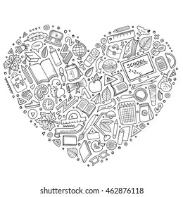 Line art vector hand drawn set of Education cartoon doodle objects, symbols and items. Heart form composition