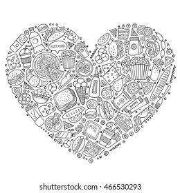 Line art vector hand drawn set of Fast Food cartoon doodle objects, symbols and items. Heart form composition