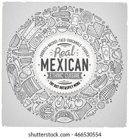 Line art vector hand drawn set of Mexican food cartoon doodle objects, symbols and items. Round frame composition