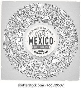 Line art vector hand drawn set of Latin American cartoon doodle objects, symbols and items. Round frame composition