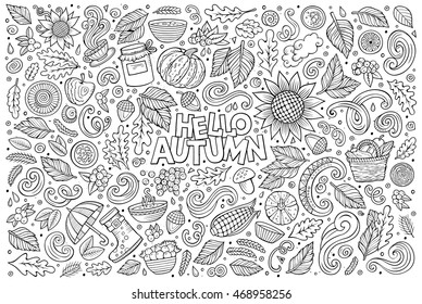 Line art vector hand drawn doodle cartoon set of Autumn theme items, objects and symbols