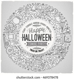 Line art vector hand drawn set of Halloween cartoon doodle objects, symbols and items. Round frame composition