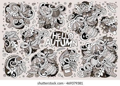 Line art vector hand drawn doodle cartoon set of Autumn theme items, objects and symbols