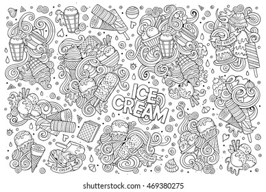 Line art vector hand drawn doodle cartoon set of ice-cream objects and symbols