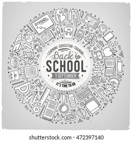 Line art vector hand drawn set of School cartoon doodle objects, symbols and items. Round frame composition