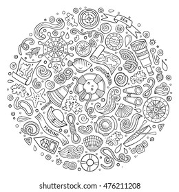 Line art vector hand drawn set of Marine, Nautical cartoon doodle objects, symbols and items. Round form composition