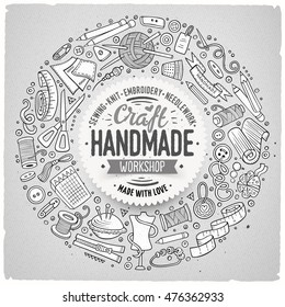 Line art vector hand drawn set of Handmade cartoon doodle objects, symbols and items. Round frame composition