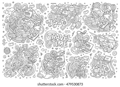 Line art vector hand drawn doodle cartoon set of travel planning theme items, objects and symbols