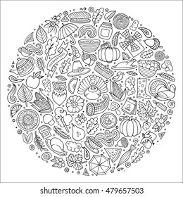 Line art vector hand drawn set of Thanksgiving cartoon doodle objects, symbols and items. Round composition