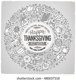 Line art vector hand drawn set of Thanksgiving cartoon doodle objects, symbols and items. Round frame composition