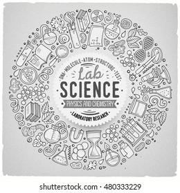 Line art vector hand drawn set of Science cartoon doodle objects, symbols and items. Round frame composition