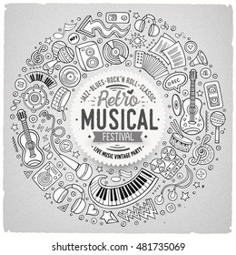 Line art vector hand drawn set of Musical cartoon doodle objects, symbols and items. Round frame composition