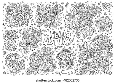 Line art vector hand drawn doodle cartoon set of Autumn theme items, objects and symbols
