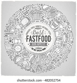 Line art vector hand drawn set of Fast food cartoon doodle objects, symbols and items. Round frame composition