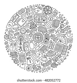 Line art vector hand drawn set of Casino cartoon doodle objects, symbols and items. Round composition