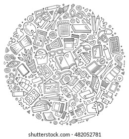 Line art vector hand drawn set of Designer cartoon doodle objects, symbols and items. Round composition