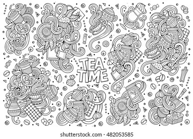 Line art vector hand drawn doodle cartoon set of tea and coffee theme items, objects and symbols