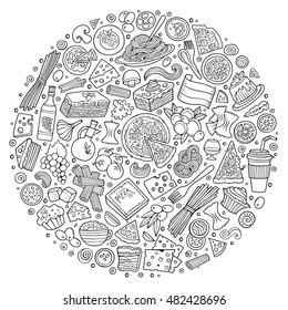 Line art vector hand drawn set of Italian food cartoon doodle objects, symbols and items. Round composition