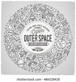 Line art vector hand drawn set of space cartoon doodle objects, symbols and items. Round frame composition