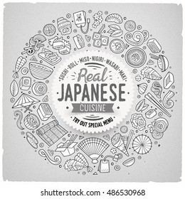 Line art vector hand drawn set of Japanese food cartoon doodle objects, symbols and items. Round frame composition