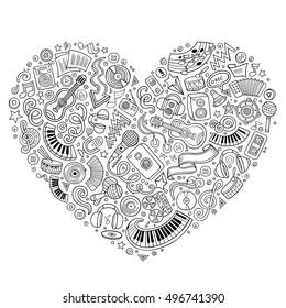Line art vector hand drawn set of Music cartoon doodle objects, symbols and items. Heart form composition