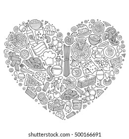Line art vector hand drawn set of Italian food cartoon doodle objects, symbols and items. Heart form composition