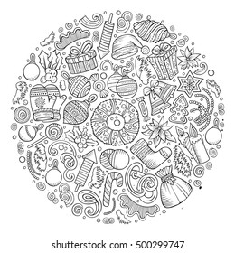 Line art vector hand drawn set of New Year cartoon doodle objects, symbols and items. Round composition