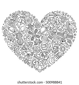 Line art vector hand drawn set of Space cartoon doodle objects, symbols and items. Heart form composition