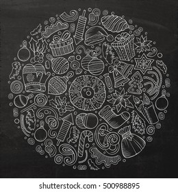 Line art vector hand drawn set of New Year cartoon doodle objects, symbols and items. Round composition
