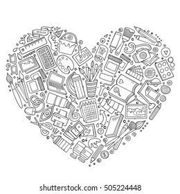 Line art vector hand drawn set of Art and Design cartoon doodle objects, symbols and items. Heart form composition