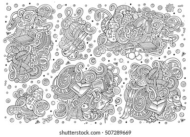 Line art vector hand drawn doodle cartoon set of Winter season objects and symbols