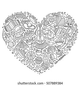 Line art vector hand drawn set of Latin American cartoon doodle objects, symbols and items. Heart form composition