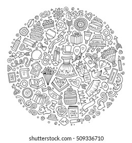 Line art vector hand drawn set of Wedding cartoon doodle objects, symbols and items. Round composition