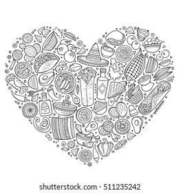 Line art vector hand drawn set of Mexican food cartoon doodle objects, symbols and items. Heart form composition