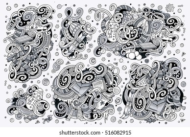 Line art vector hand drawn doodle cartoon set of Winter season objects and symbols