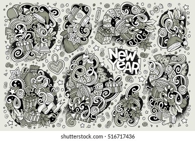 Line art vector hand drawn doodle cartoon set of New Year and Christmas objects and symbols