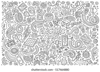 Line art vector hand drawn doodle cartoon set of Electric cars objects and symbol