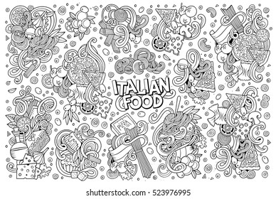 Line art vector hand drawn doodle cartoon set of italian food objects and symbols