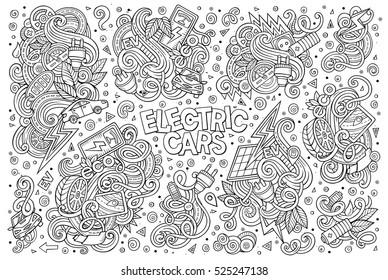Line art vector hand drawn doodle cartoon set of Electric cars objects and symbol