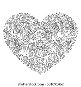 Line art vector hand drawn set of New Year cartoon doodle objects, symbols and items. Heart form composition