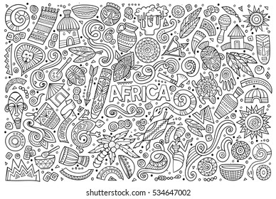 Line art vector hand drawn doodle cartoon set of Africa objects and symbols