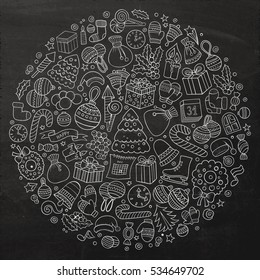 Line art vector hand drawn set of New Year cartoon doodle objects, symbols and items. Round composition