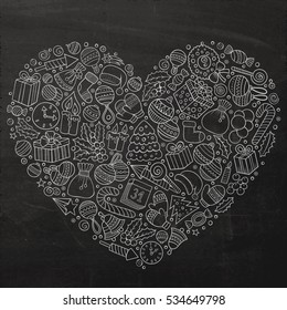 Line art vector hand drawn set of New Year cartoon doodle objects, symbols and items. Heart form composition