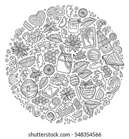 Line art vector hand drawn set of Honey cartoon doodle objects, symbols and items. Round composition