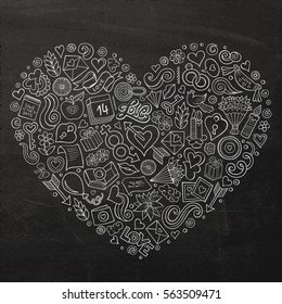 Line art vector hand drawn set of Love cartoon doodle objects, symbols and items. Heart form composition 