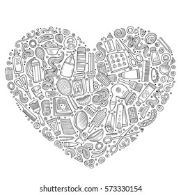 Line art vector hand drawn set of Hair salon cartoon doodle objects, symbols and items. Heart form composition