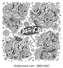 Line art vector hand drawn doodle cartoon set of Africa objects and symbols