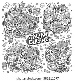 Line art vector hand drawn doodle cartoon set of italian food objects and symbols