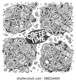 Line art vector hand drawn doodle cartoon set of tea and coffee theme items, objects and symbols
