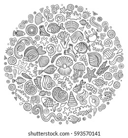 Line art vector hand drawn set of Sea life cartoon doodle objects, symbols and items. Round composition